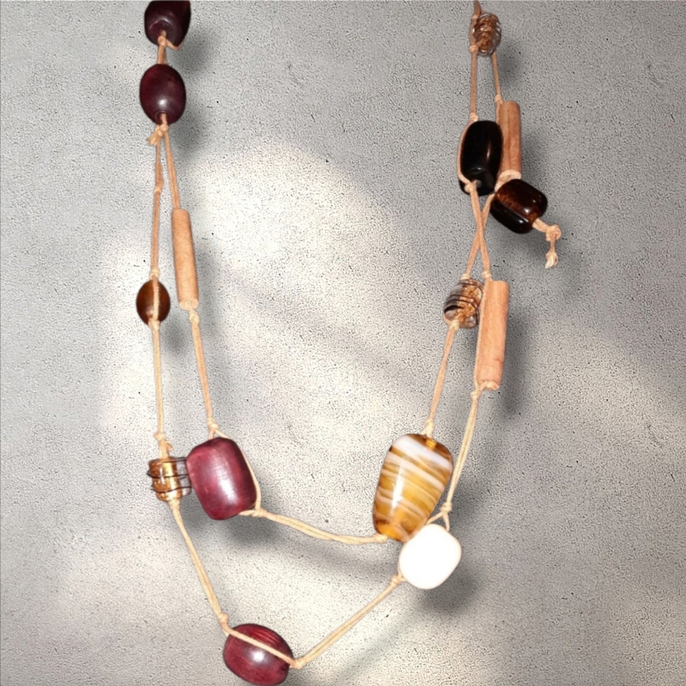 long wood, Art glass indonesian style cord Station Boho Beaded necklace